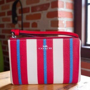 Coach Corner Zip Wristlet With Stripe Print (RARE ITEM)